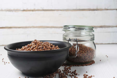 buckwheat porridge on the table. Boiled buckwheat. Breakfast isの写真素材