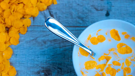 Cereal and fruit for Breakfast on the table. Delicious food at hの写真素材