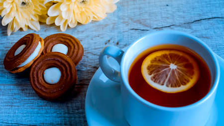 Tea with lemon for Breakfast in the morning. A hot drink on theの写真素材