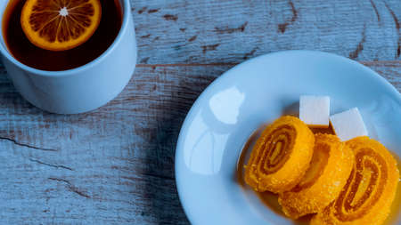 Tea with lemon for Breakfast in the morning. A hot drink on theの写真素材