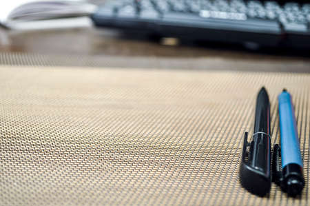 Stationery items lying on the desktop. Place to work at home. Ofの写真素材