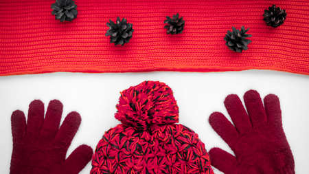 Knitted scarf and hat on the table. Warm clothes for fall and wiの写真素材