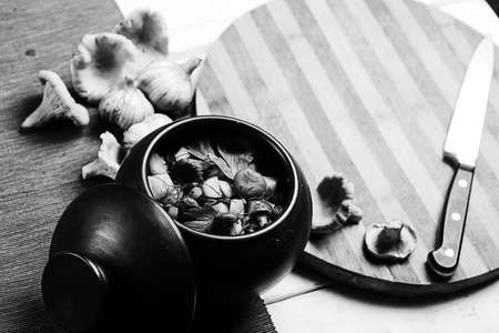 potatoes with mushrooms in a clay pot. Mushrooms from the forestの写真素材