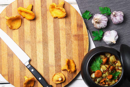 potatoes with mushrooms in a clay pot. Mushrooms from the forestの写真素材