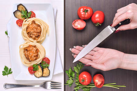 Italian pasta with meat in a cafe. Dinner in the restaurant. Hanの写真素材