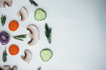 Background of natural products: vegetables, mushrooms and herbs.の写真素材