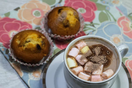 Breakfast of fresh toast, cookies and waffle with jam on the tabの写真素材