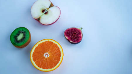 Background of fresh sliced fruit on a table in the afternoの写真素材