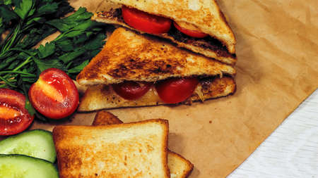 Fresh toast with tea on the table in the morning. Tasty food. Toの写真素材