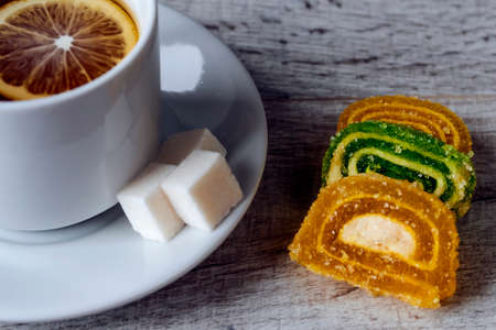 Tea with lemon for Breakfast in the morning. A hot drink on theの写真素材