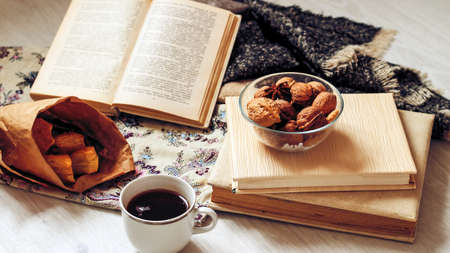 Coffee and delicious pastries for breakfast in the morning. Nutsの写真素材