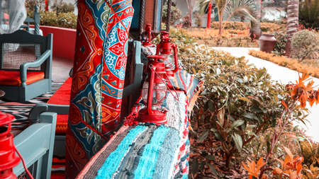 Street lanterns in the gazebo on the street. Oil lamps for decorの写真素材