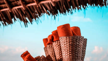 Towels on the beach for a swim in the afternoon. Towel after batの写真素材