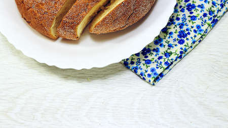 sliced fresh bread on the table in the morning. Carbohydraの写真素材