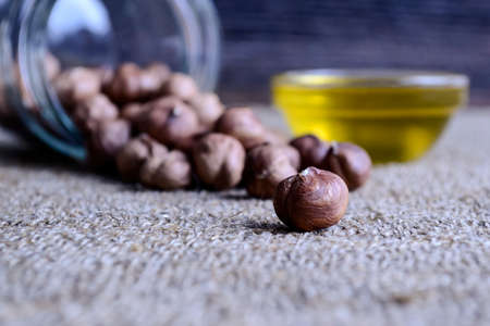 Hazelnuts and nuts lying the table. Healthy snack food.の写真素材
