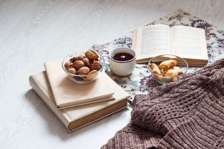 Coffee and delicious pastries for breakfast in the morning. Nutsの写真素材