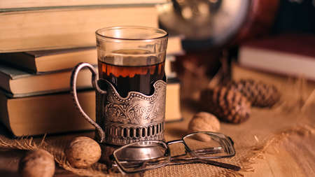 Old books and tea in the evening.