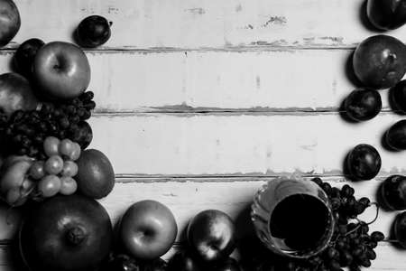 Fruit and wine on the tableの写真素材