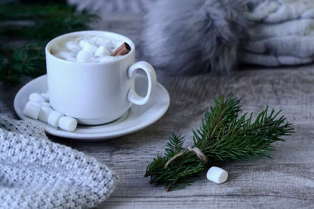 Coffee with marshmallows at the Christmas tree. Festive warmingの写真素材