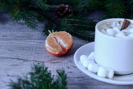 Coffee with marshmallows at the Christmas tree. Festive warmingの写真素材