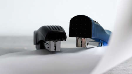 Stapler for office work on the table. Stationery item. Office suの写真素材