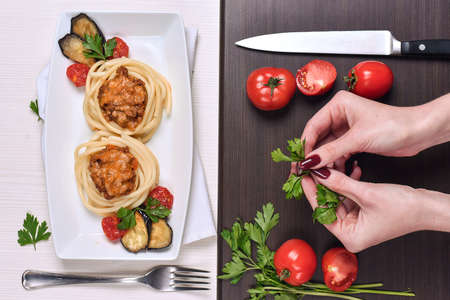 Italian pasta with meat in a cafe. Dinner in the restaurant. Hanの写真素材