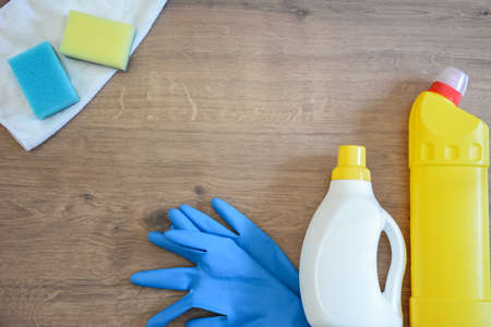 Soap and washcloths on the table. Wipes for cleaning. Bottle witの写真素材