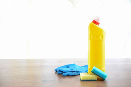 Soap and washcloths on the table. Wipes for cleaning. Bottle witの写真素材