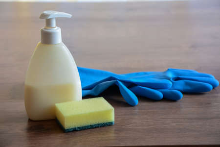 Soap and washcloths on the table. Wipes for cleaning. Bottle witの写真素材