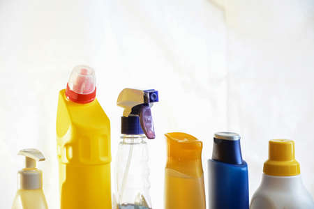 Soap and washcloths on the table. Wipes for cleaning. Bottle witの写真素材