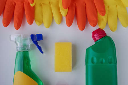 Gloves and cleaning products for the home.Soap washcloths on tabの写真素材