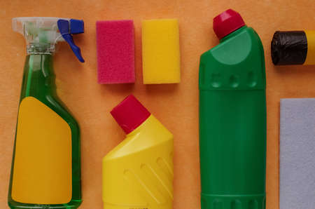 Gloves and cleaning products for the home.Soap washcloths on tabの写真素材