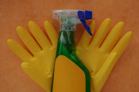 Gloves and cleaning products for the home.Soap washcloths on tab
