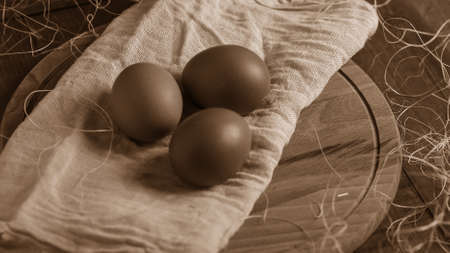 Eggs in the village on the table. The farms products. Fresh foo