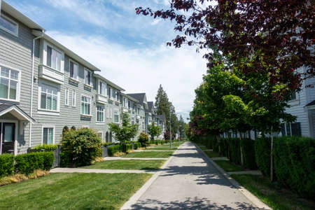 A pathway in the middle of a row of houses with trees.