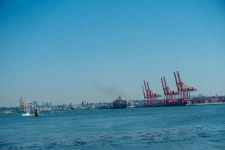 Cargo terminal for loading bulk cargo of iron ore by ship cranes and grabs.