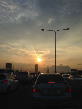 Aerial view Sunset on cars as busy trafficのeditorial素材