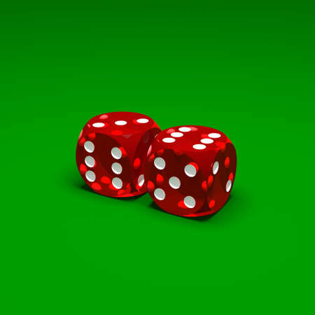 Two red dices on green backgroundの写真素材