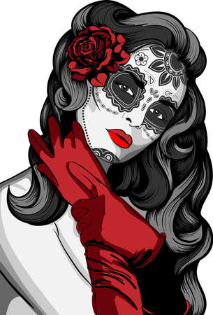 Sugar skull lady with paint for Day of the Dead  Dia de los Muertos のイラスト素材