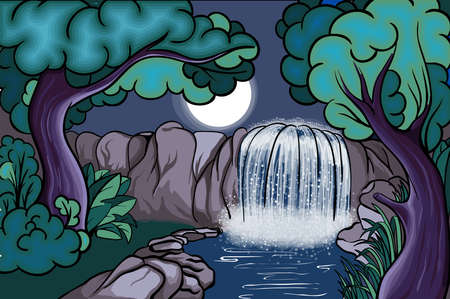 Cartoon style waterfall in the forest at nightのイラスト素材