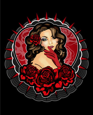 Vintage style young lady with rosesのイラスト素材