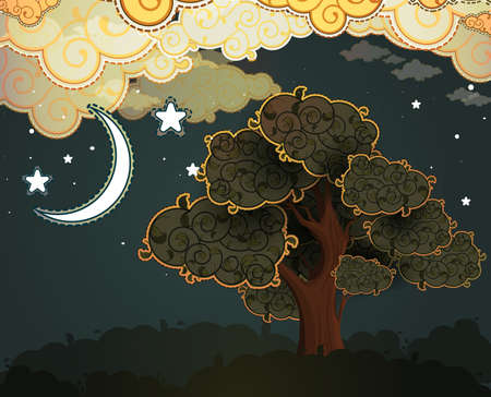 Cartoon clouds, moon and treeのイラスト素材