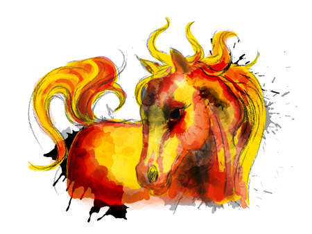 Watercolor little cute horse colorful paintingのイラスト素材