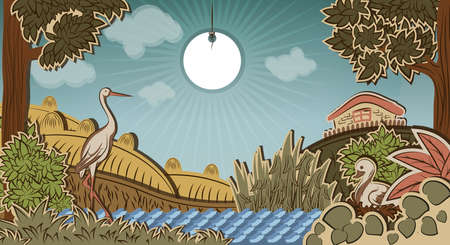 Stork in front of countryside and duck sitting on eggs  Illustration to fairy tale Ugly Duckling  Hans Christian Andersen  のイラスト素材