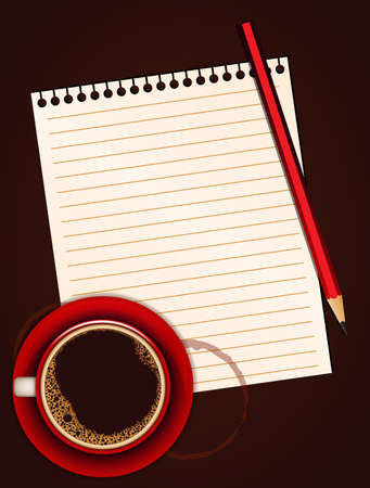 Red cup of coffee, blank note paper and pencilのイラスト素材