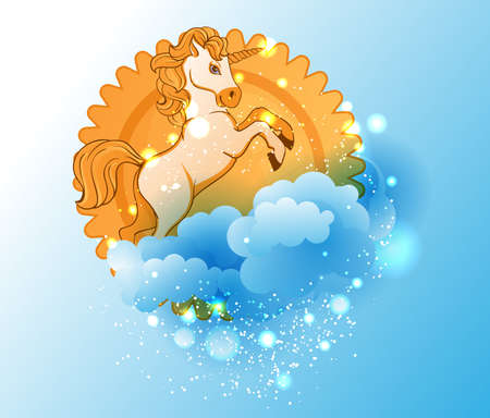 Cartoon unicorn, sun and cloudsのイラスト素材