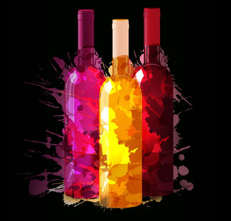 Group of wine bottles with grunge splashes  Red, rose and white のイラスト素材
