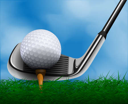 Golf ball and club in front of grassのイラスト素材