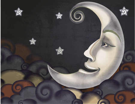 Retro style half moon, clouds and stars illustrationのイラスト素材