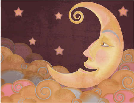Retro style half moon, clouds and stars illustrationのイラスト素材